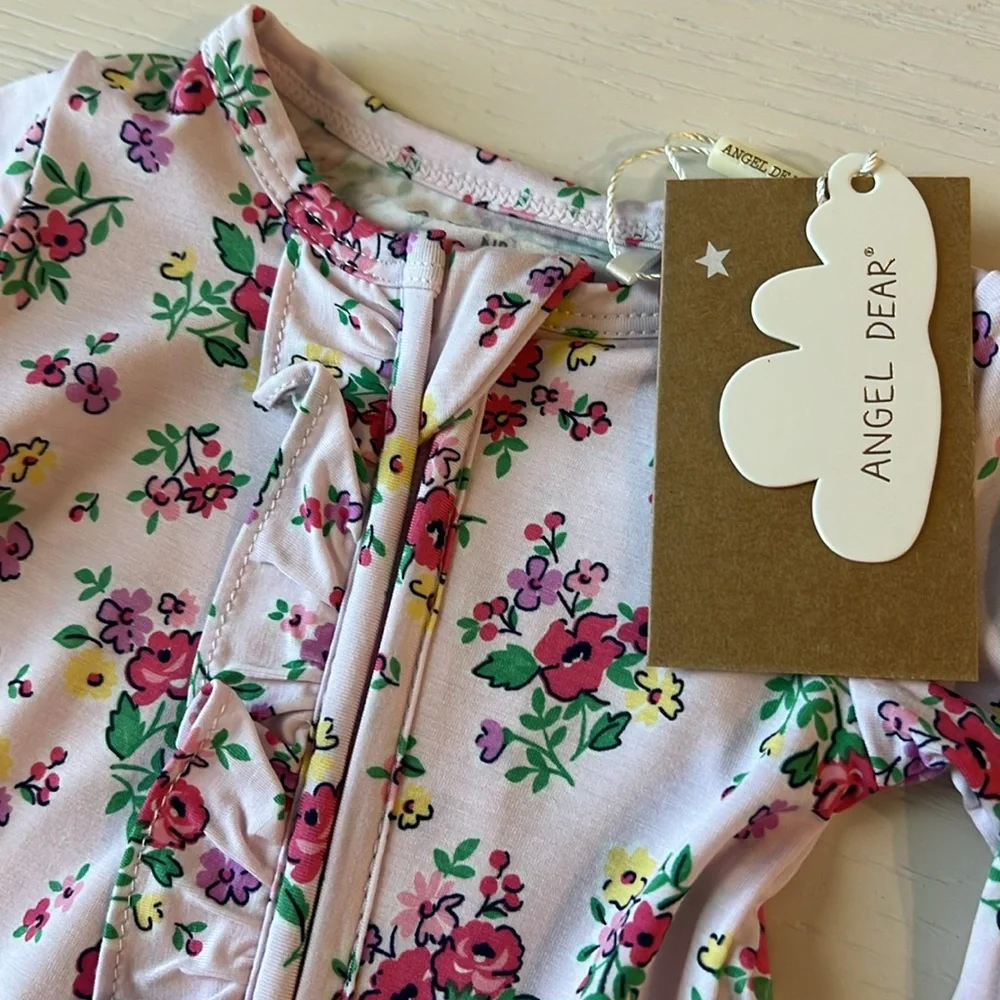 Angel Dear Bamboo Ruffle Footie Preppy Roses 0-3 3-6 6-9 months